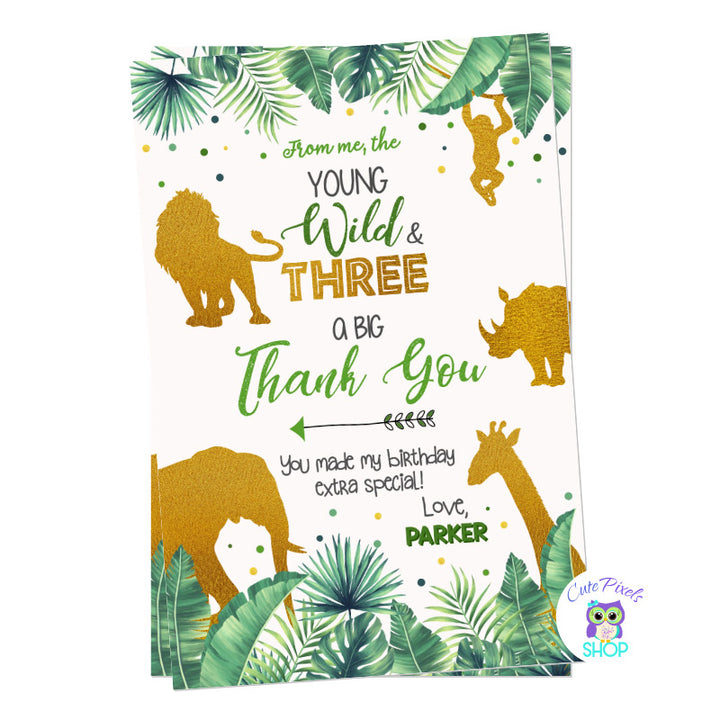 Young, Wild and Three Birthday thank you card with tropical leaves and wild animals in gold and green. Boy Design