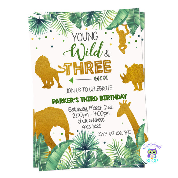 Young, Wild and Three Birthday Invitation with tropical leaves and wild animals in gold and green. Boy Design