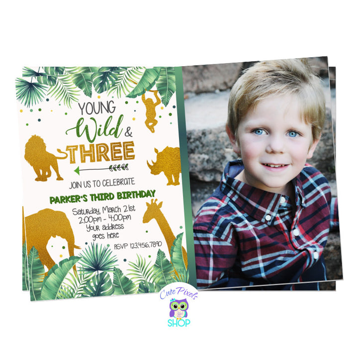Young, Wild and Three Birthday Invitation with tropical leaves and wild animals in gold and green. Boy Design with photo