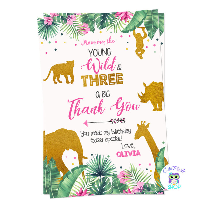 Young, Wild and Three Birthday Thank you card with tropical leaves, pink flowers and wild animals in gold